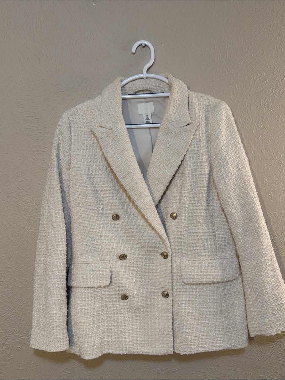 Double-Breasted Bouclé Blazer Jacket - Cream